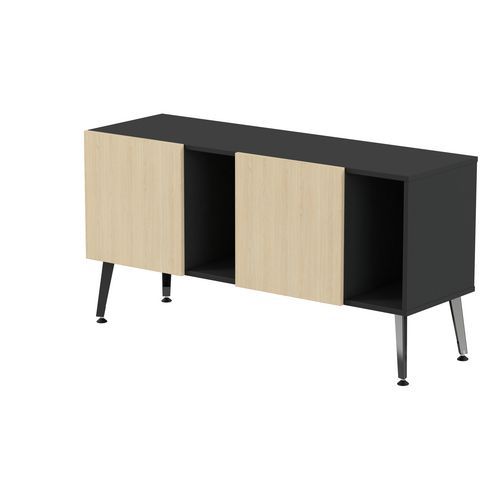 MBA - Meuble bas Teni 140cm Noir/Chêne Clair - 2 Portes 2 Niches - Éco-responsable PEFC