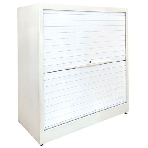 Armoire basse reconditionnée à rideaux - Blanche 100x45x105 cm - 2 tablettes - Éco-responsable