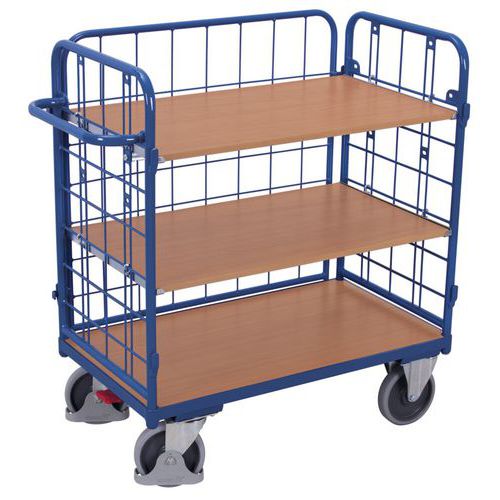 Variofit - Chariot à étagères bas 3 plateaux - 500 kg - Roulettes 200 mm - Bleu/Hêtre
