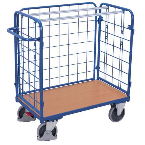 Variofit - Chariot grillagé bas pour colis 3 parois - 400 kg - Acier émaillé bleu - Roulettes TPE 160 mm