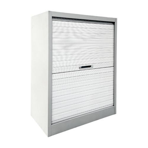 Armoire basse reconditionnée - Rideau blanc et gris - 104x80x45 cm - 2 tablettes - Éco-responsable