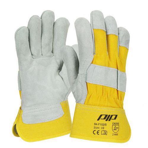 Gants croûte cuir bovin et toile Gris/Jaune Taille 10 - Protection et Confort - Lot de 12 paires