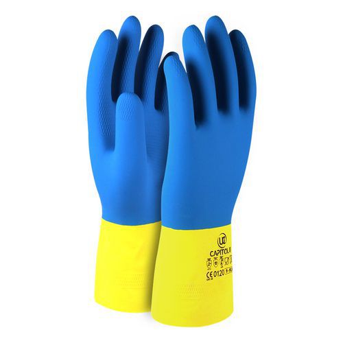 Gants de protection chimique en latex bleu/jaune - Taille 10 - Lot de 10 paires - Longueur 30 cm - Norme EN 374-1 et EN 374-5 Virus