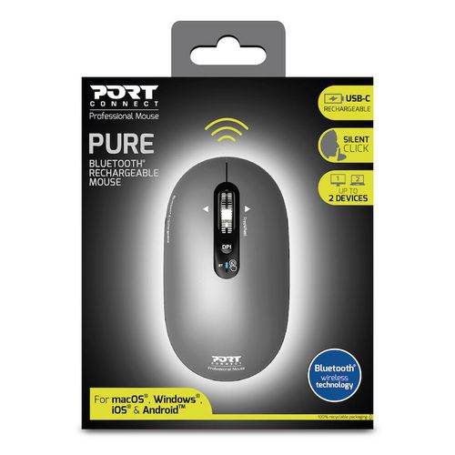 Port Connect - Souris Plate Silencieuse Bluetooth Rechargeable PURE MAC Gris - Ambidextre 1000-3200 dpi - Idéale Télétravail