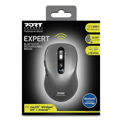 Port Connect - Souris PRO Bluetooth Rechargeable Silencieuse Gris - Ambidextre 6 Boutons 1000-3200 DPI - Idéale Télétravail