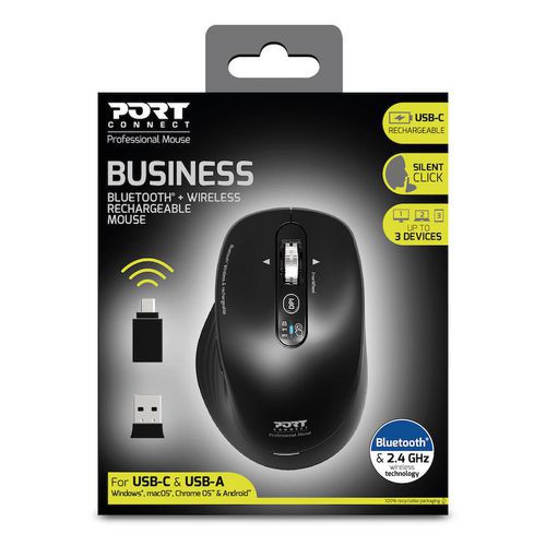 Port Connect - Souris Bluetooth Silencieuse Rechargeable - Noir - 6 Boutons - 3200 DPI - Télétravail