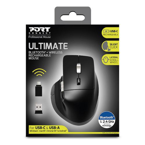 Port Connect - Souris Executive Ultimate Silencieuse Bluetooth Rechargeable Noir - 6 Boutons - 4000 dpi - Idéale Télétravail