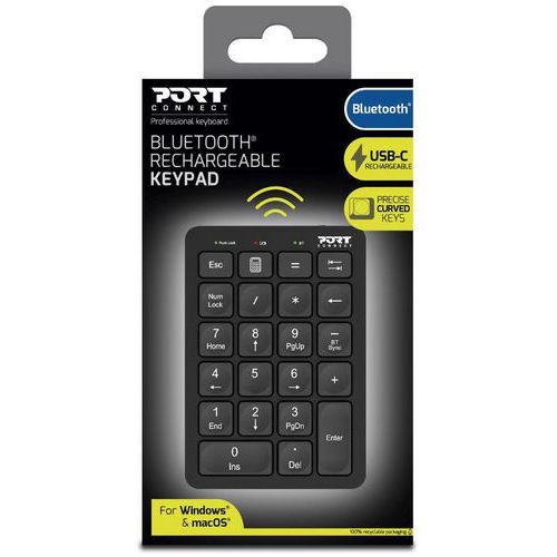 Port Connect - Clavier Numérique Bluetooth Rechargeable Noir - 22 Touches - Idéal Télétravail