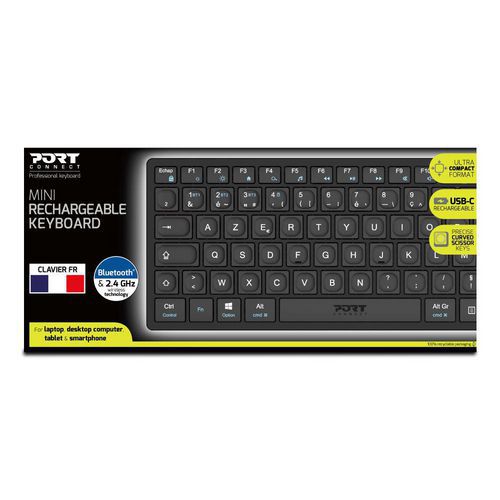 Port Connect - Mini Clavier Bluetooth Azerty Rechargeable Noir 87 Touches - Idéal Télétravail