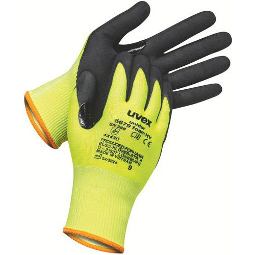 Uvex - Gants anticoupures Unidur 6679 foam HV - Taille 8 - Protection D - Nitrile Paume - Écran Tactile - Lot de 10