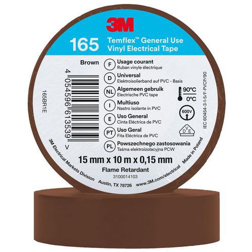 3M - Ruban d'isolation électrique Temflex 165 - Marron 10m x 15mm - Haute performance et durabilité