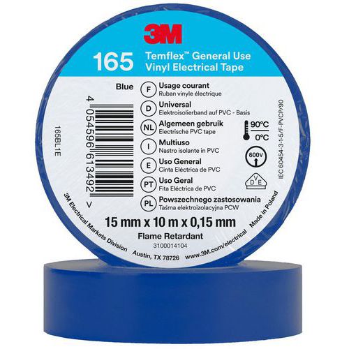 3M - Ruban d'isolation électrique Temflex 165 - 10m x 15mm Bleu - Haute performance et durabilité