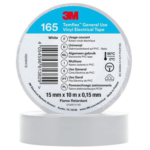 3M - Ruban d'isolation électrique Temflex 165 - 10m x 15mm Blanc - Haute performance et durabilité