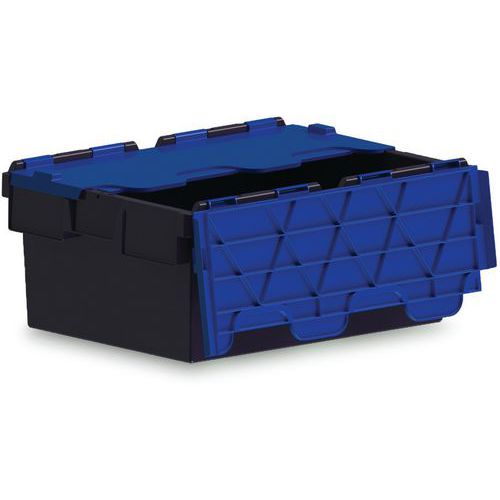 Totebox - Bac de rangement 40L Noir/Bleu avec couvercle attaché - Plastique recyclable - Empilable et robuste