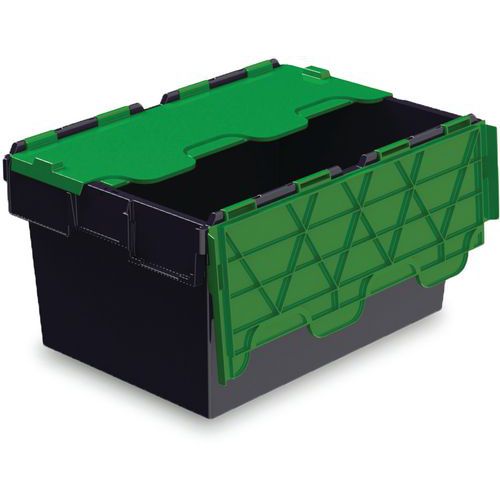 Totebox - Bac de Rangement Euro Noir et Vert 54L avec Couvercle Attaché - Plastique Recyclé 75% - Empilable - Charge 40kg