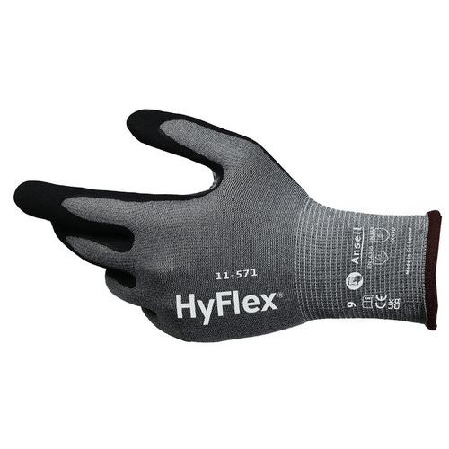 Ansell - Gants HyFlex 11-571 Légers Anti-Coupure - Taille 7 - Nitrile Paume - Gris - Lot de 12