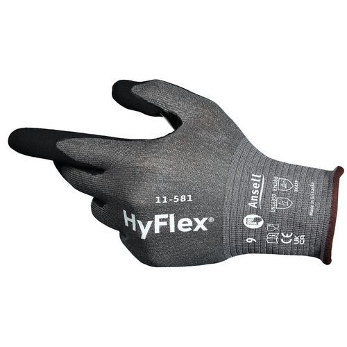 Ansell - Gants HyFlex 11-581 Légers Anti-Coupure - Taille 7 - Paume Enduite Nitrile - Gris - Lot de 12
