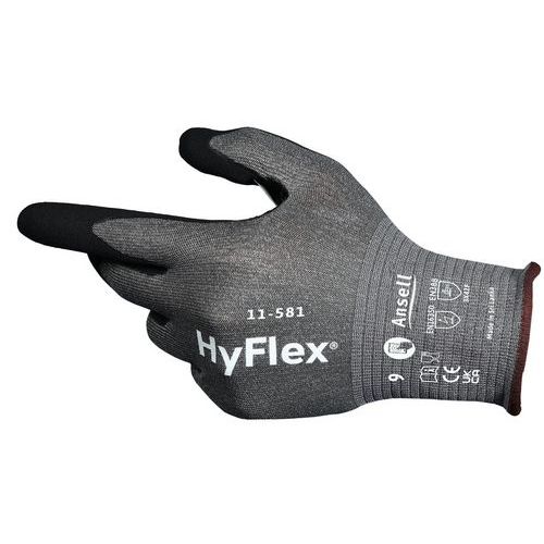 Ansell - Gants HyFlex 11-581 Légers Anti-Coupure - Taille 8 Gris - Paume Enduite Nitrile - Lot de 12