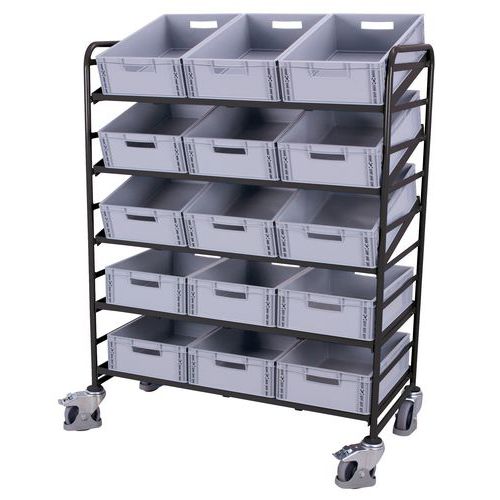 Variofit - Chariot Porte-Bacs 15 Bacs Anthracite - Charge 250 kg - 5 Plateaux - Roulettes TPE Pivotantes et Fixes - Acier Robuste