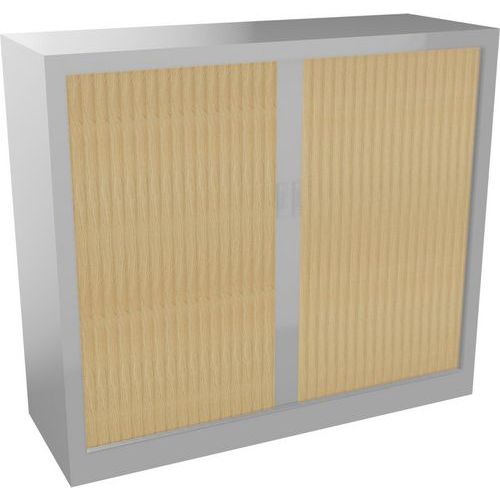 EOL - Armoire à rideaux PVC 105x120x43 cm Chêne clair/Gris Alu - 2 Portes, 2 Tablettes, Fermeture à clé, Éco-responsable