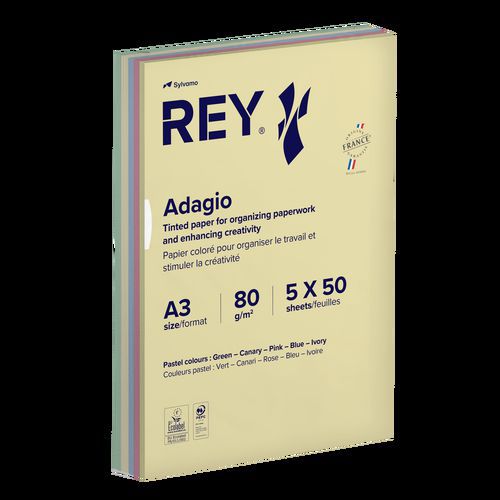 Rey - Ramette 250 feuilles A3 80g 5 teintes pastels - Éco-responsable - Idéal pour vos projets créatifs