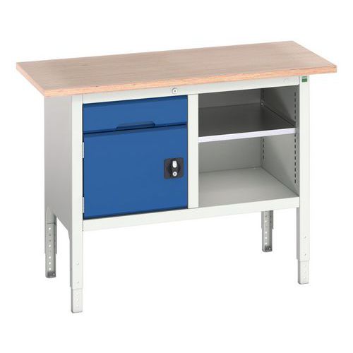 Bott - Établi monobloc Verso 1250x600mm - Hauteur réglable 830-930mm - Charge 800kg - 1 tiroir, 1 placard - Hêtre multiplis