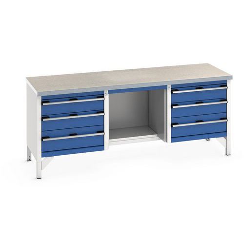 Bott - Établi Cubio 2000mm - 6 Tiroirs Bleu - Plateau Linoléum - 840mm Hauteur - Charge 75kg/tiroir
