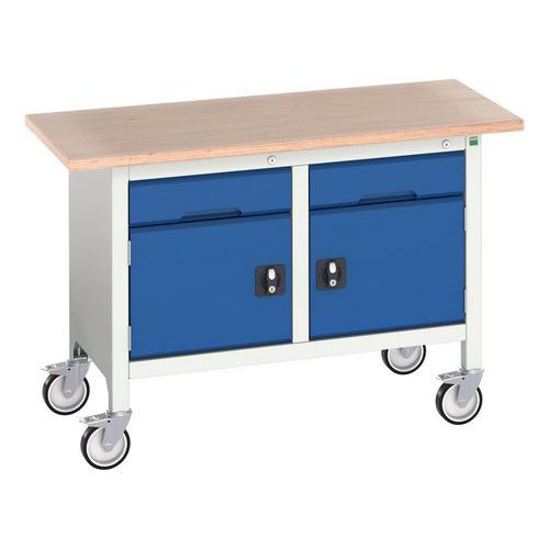 Bott - Établi Monobloc Roulant Verso 1250x600 M2 - Gris Clair/Bleu - 2 Tiroirs 75kg - Plateau Hêtre Massif - 300kg Charge Max