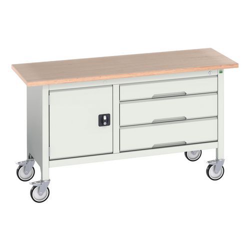 Bott - Établi Monobloc Roulant Verso 1500x600 - 3 Tiroirs, 1 Porte - Charge 300kg - Plateau Hêtre - Gris Clair