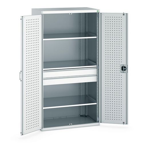 Armoire lourde Cubio - 3 tablettes, 2 tiroirs, 2000x1050mm - Bott, Porte Gris clair