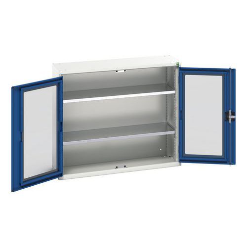 Bott - Armoire d'atelier Verso - Portes transparentes bleues, 2 tablettes, Acier Gris Clair - 1050x350x900mm - Charge 1000kg