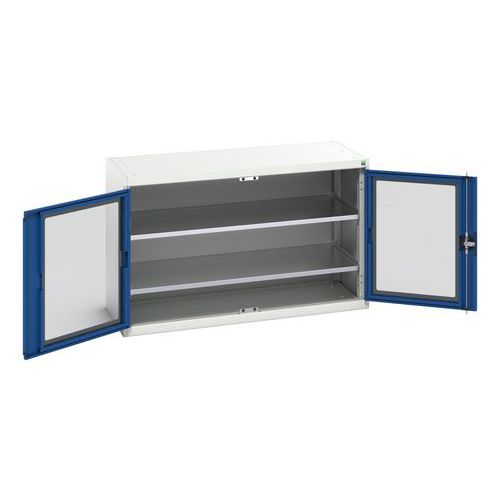 Bott - Armoire d'atelier Verso - Portes transparentes, 2 tablettes, Acier, 1300x550x800 mm, Gris clair/Bleu, Charge 1000 kg