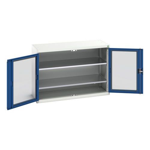 Bott - Armoire d'atelier Verso - Portes transparentes bleues, 2 tablettes, 1300x550x900mm, Acier, Gris clair, Charge 1000kg