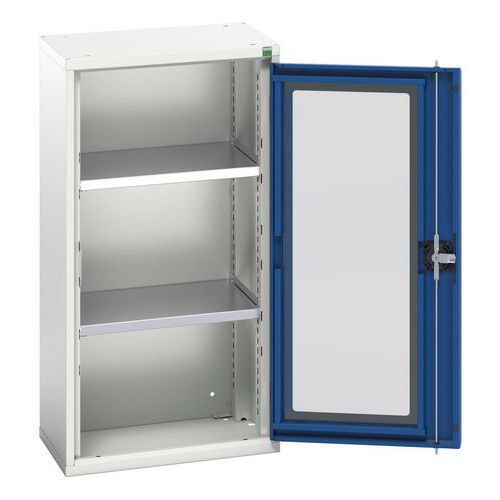 Bott - Armoire d'atelier Verso - Portes transparentes bleues, 2 tablettes, Acier Gris Clair - 1000 kg max