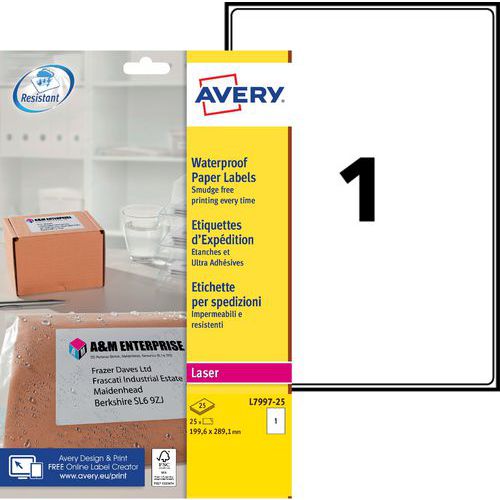 Avery - Étiquettes d'expédition Ultra-adhésives 199,6 x 289,1 mm - Blanc - Lot de 25 - Éco-responsable