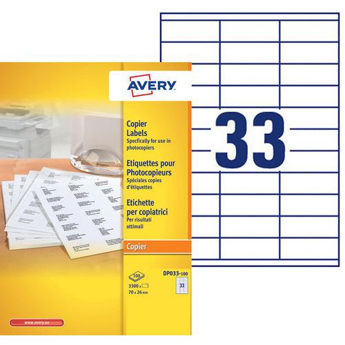 Avery - 3300 Étiquettes Carrées 70x26mm Blanc - Pour Copieur - Emballage Recyclé 90%