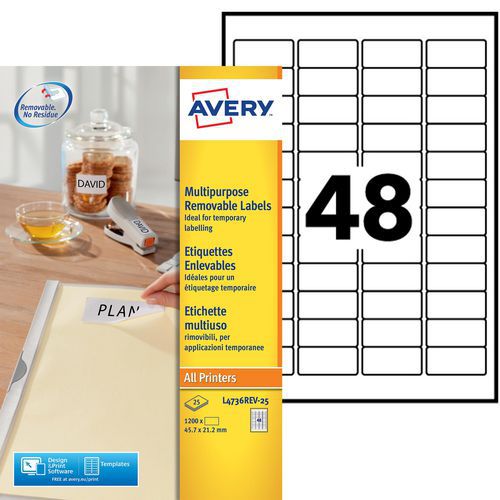 Avery - Étiquettes Enlevables Blanches 45,7 x 21,2 mm - 1200 Étiquettes - Repositionnables et Éco-responsables