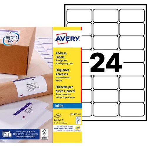 Avery - Étiquettes adresses Jet d'encre Blanc 63,5 x 33,9 mm - 2400 étiquettes - Éco-responsable FSC