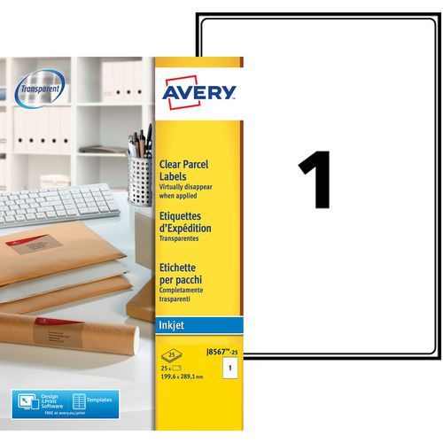 Avery - Étiquettes d'expédition Jet d'encre Transparentes 210x297mm - Lot de 25 - Idéal pour vos envois professionnels