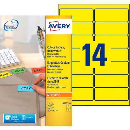 Avery - Étiquettes Enlevables Jaunes 99,1 x 38,1 mm - 280 Étiquettes - Idéales Laser & Jet d'encre