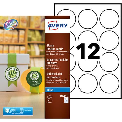 Avery - Étiquettes rondes Jet d'encre Blanc brillant Ø 60 mm - 120 étiquettes - Adhésif permanent - Éco-responsable