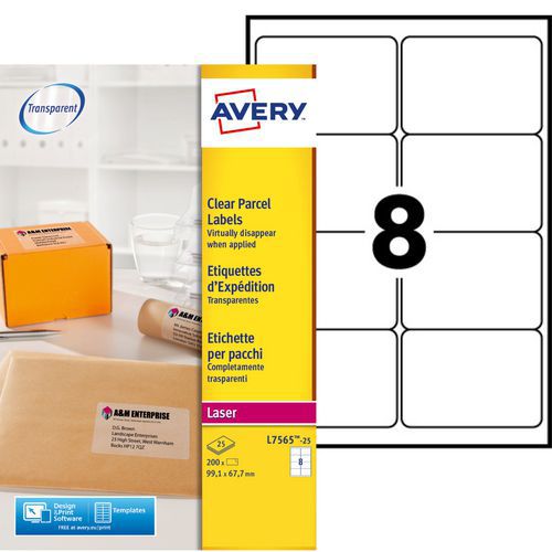 Avery - Étiquettes d'expédition Laser Transparentes 99,1 x 67,7 mm - Lot de 200 - Idéal pour vos envois professionnels