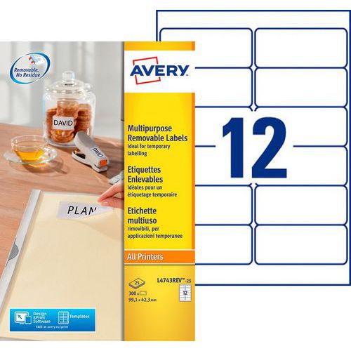 Avery - Étiquettes Enlevables L4743 Blanc 99,1 x 42,3 mm - 300 Étiquettes - Repositionnables et Éco-responsables