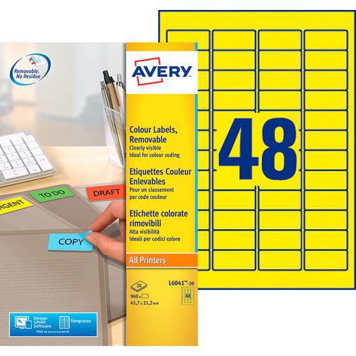 Avery - Lot de 960 étiquettes adhésives jaune 45,7 x 21,2 mm - Repositionnables pour laser et jet d'encre
