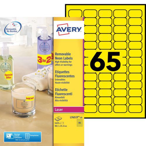 Avery - Étiquettes Laser Jaune Repositionnables - 1625 Étiquettes - 38.1x21.2mm - Idéal pour Organisation
