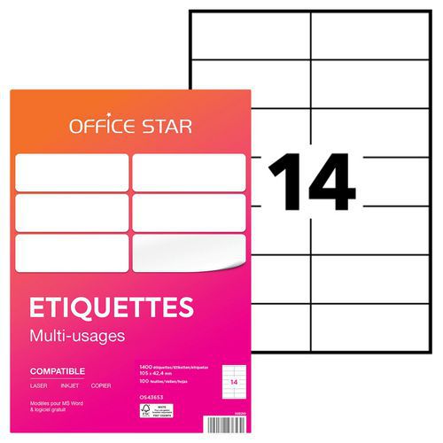 Office Star - Étiquettes Multifonction Blanches - 1400 Étiquettes - 105x42.3mm - Laser/Jet d'encre - Éco-responsable FSC