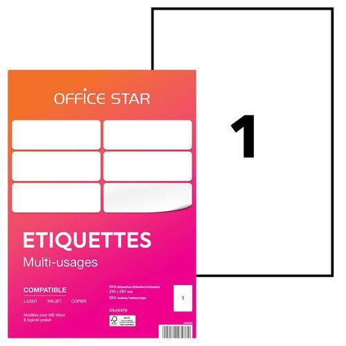 Office Star - Étiquettes Multifonction Blanches 297x210mm - Lot de 100 - Eco-responsable FSC