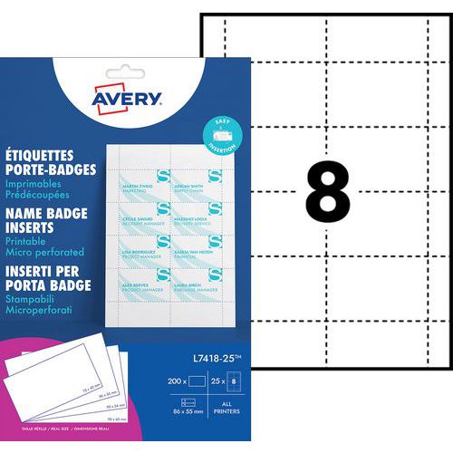 Avery - Inserts Microperforés pour Badges - 86 x 55 mm - Lot de 200 - Idéal pour Identification Professionnelle