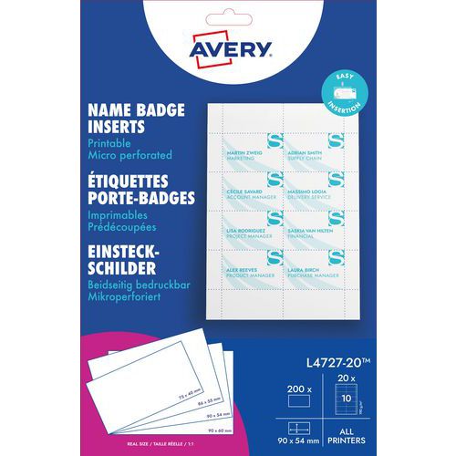 Avery - Inserts Microperforés pour Badges - 54 x 90 mm - Lot de 200 - Idéal pour Identification Professionnelle