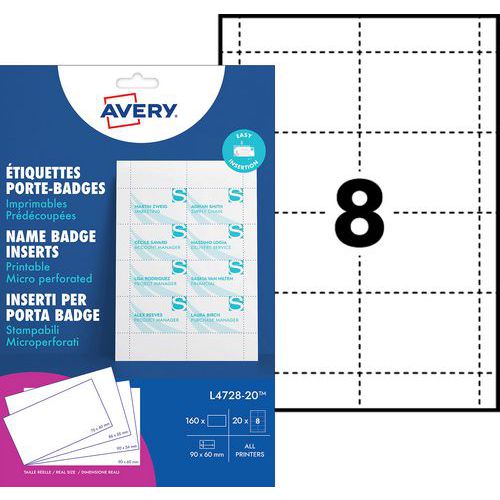 Avery - Inserts pour badges microperforés - 60 x 90 mm, 160 pièces - Idéal pour identification professionnelle